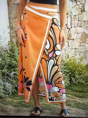 Orange Floral Wrap Maxi Skirt -NWOT- Size M